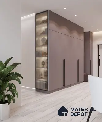 Modern wardrobe with taupe high gloss laminate shutters and fluted glass display, light oak wooden flooring | Material Depot
