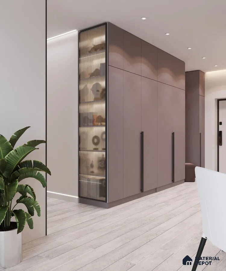 Modern wardrobe with taupe high gloss laminate shutters and fluted glass display, light oak wooden flooring | Material Depot