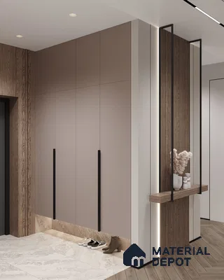 Modern Wardrobe with taupe matte laminate cabinets, wood grain panels, and marble floor tiles | Material Depot