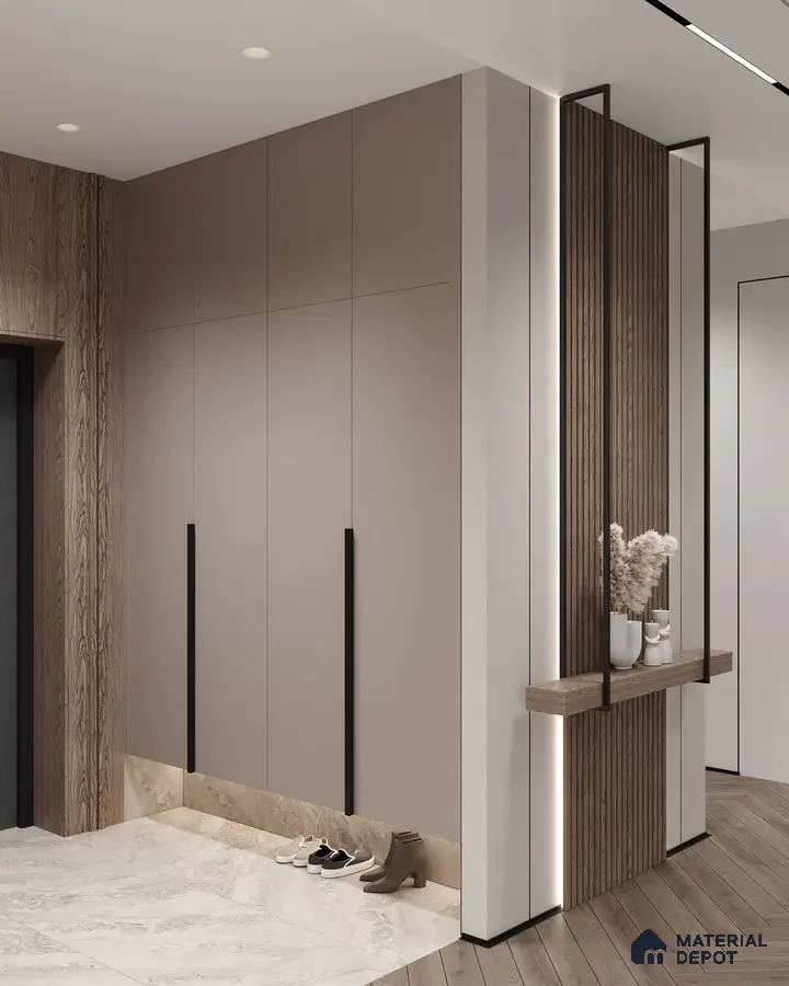 Modern Wardrobe with taupe matte laminate cabinets, wood grain panels, and marble floor tiles | Material Depot