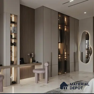 Modern wardrobe with taupe matte laminate, fluted wood panel, and marble-look floor tile | Material Depot