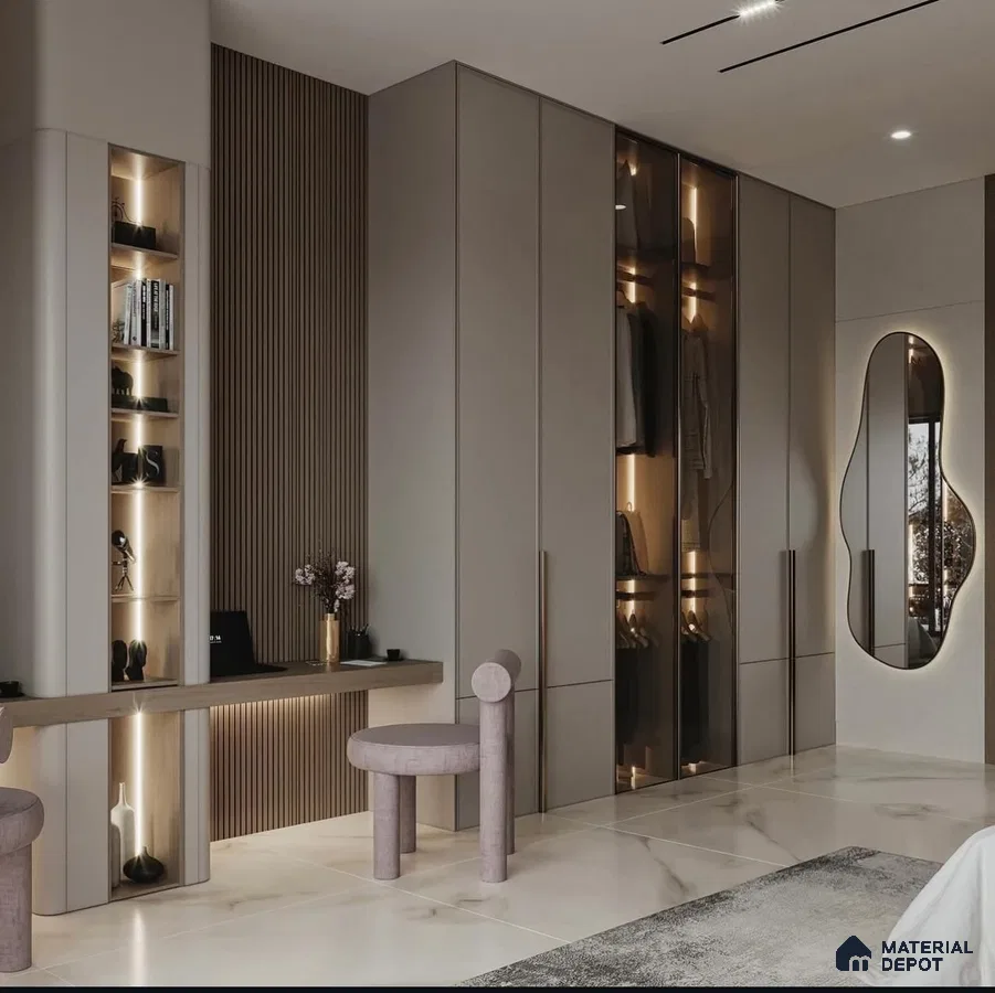 Modern wardrobe with taupe matte laminate, fluted wood panel, and marble-look floor tile | Material Depot