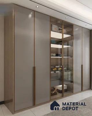 Modern wardrobe with taupe matte laminate, glass shutters, and oak wood finish | Material Depot