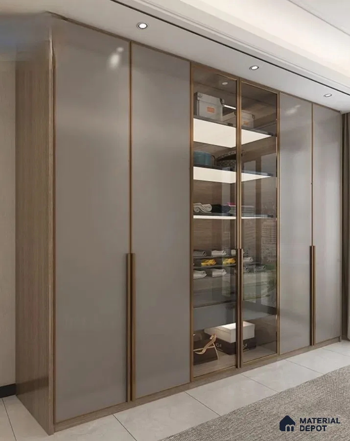 Modern wardrobe with taupe matte laminate, glass shutters, and oak wood finish | Material Depot
