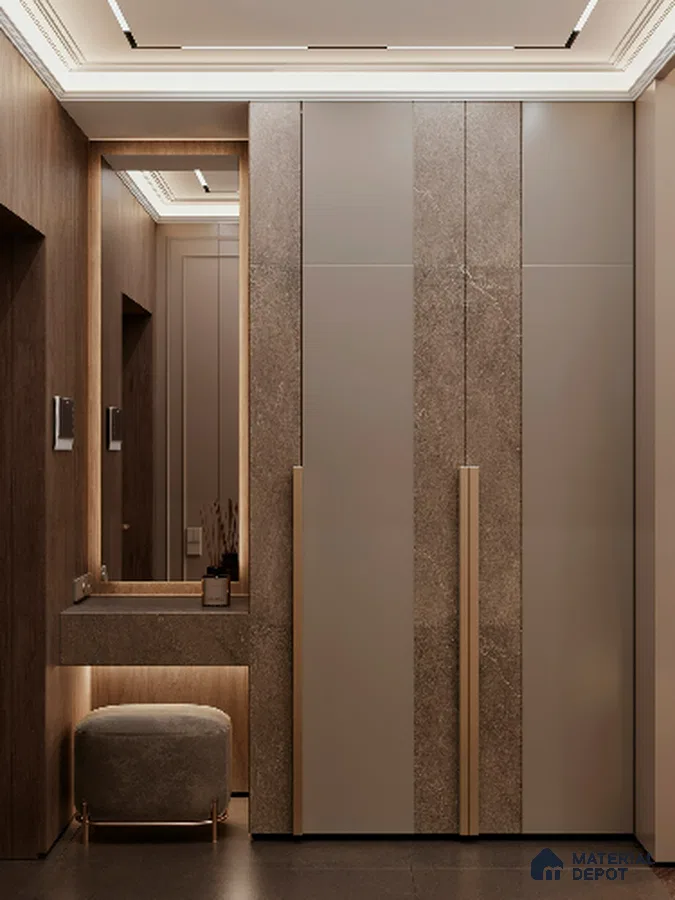 Modern Wardrobe with taupe matte laminate, stone-textured laminate, and walnut wood accents | Material Depot