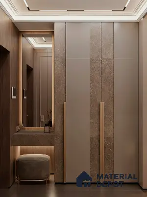 Modern Wardrobe with taupe matte laminate, stone-textured laminate, and walnut wood accents | Material Depot