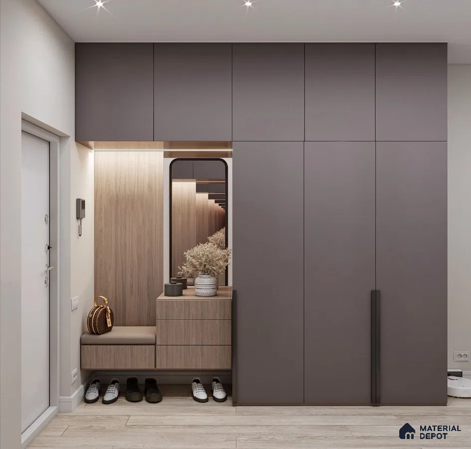 Modern Wardrobe with taupe matte laminate wardrobes and light oak wood laminate seating | Material Depot
