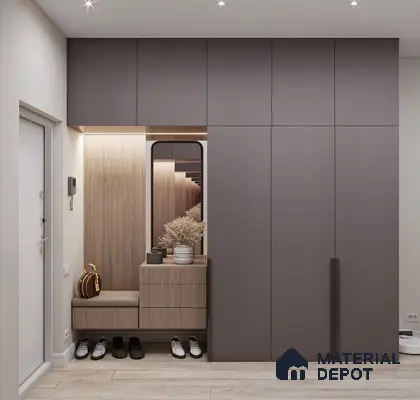 Modern Wardrobe with taupe matte laminate wardrobes and light oak wood laminate seating | Material Depot