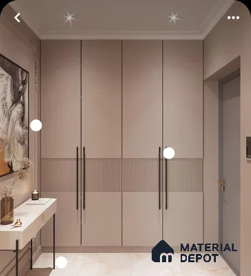 Modern Wardrobe with taupe matte laminate wardrobes, fluted laminate detail, and marble look floor tiles | Material Depot