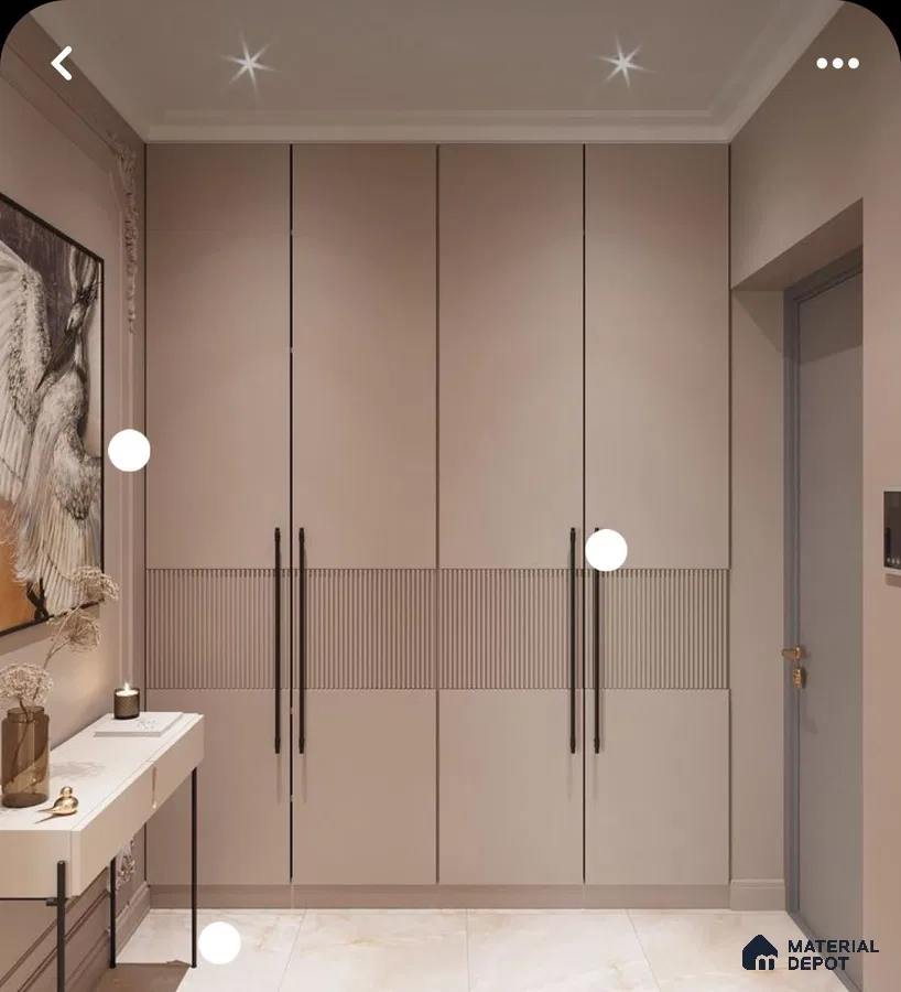 Modern Wardrobe with taupe matte laminate wardrobes, fluted laminate detail, and marble look floor tiles | Material Depot