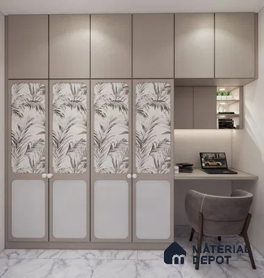 Modern wardrobe with taupe solid color laminate, botanical patterned laminate, and marble floor tile in study nook | Material Depot