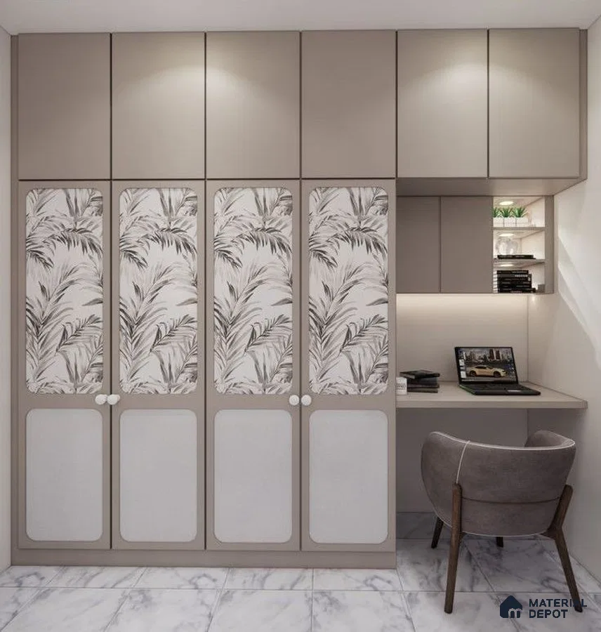 Modern wardrobe with taupe solid color laminate, botanical patterned laminate, and marble floor tile in study nook | Material Depot
