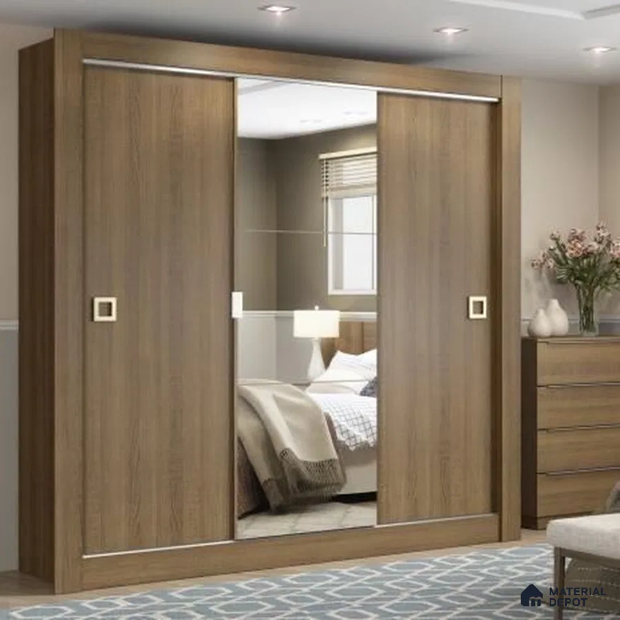 Modern wardrobe with walnut brown wood laminate and mirrored sliding doors | Material Depot