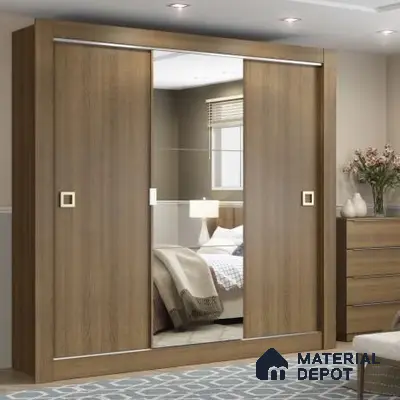 Modern wardrobe with walnut brown wood laminate and mirrored sliding doors | Material Depot