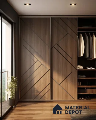 Modern wardrobe with walnut wood laminate, geometric groove design, and wooden flooring | Material Depot