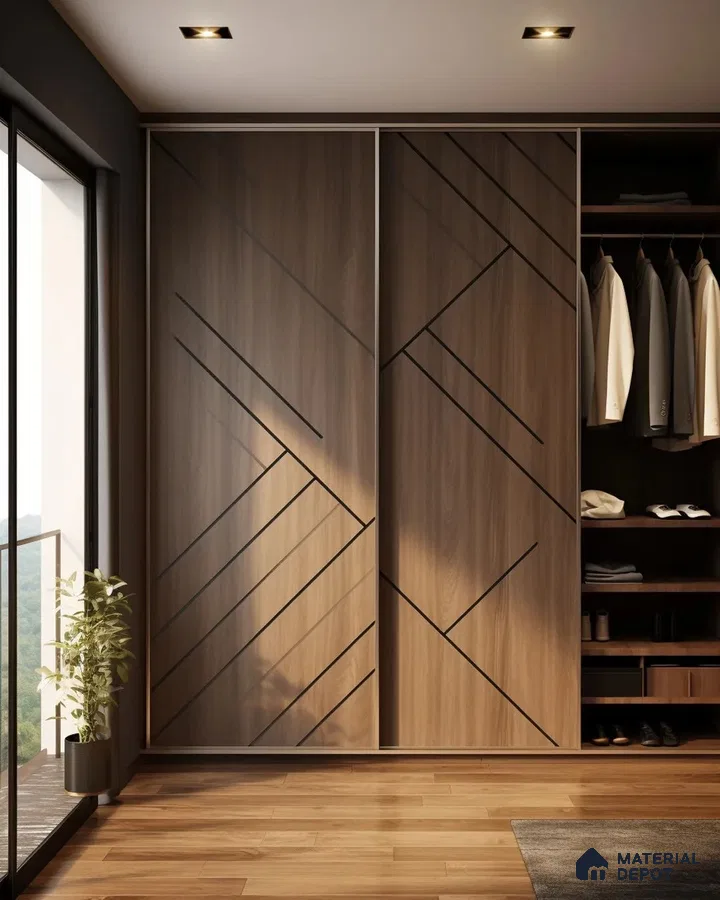 Modern wardrobe with walnut wood laminate, geometric groove design, and wooden flooring | Material Depot
