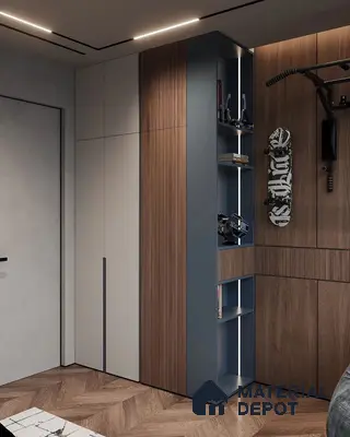 Modern wardrobe with walnut wood laminate, matte grey laminate, and blue open shelving | Material Depot