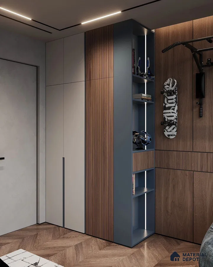 Modern wardrobe with walnut wood laminate, matte grey laminate, and blue open shelving | Material Depot