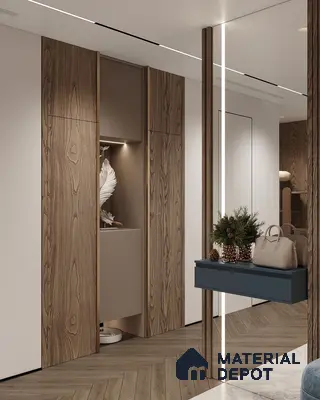 Modern Wardrobe with walnut wood laminate panels, chevron wooden flooring, and minimalist floating console | Material Depot