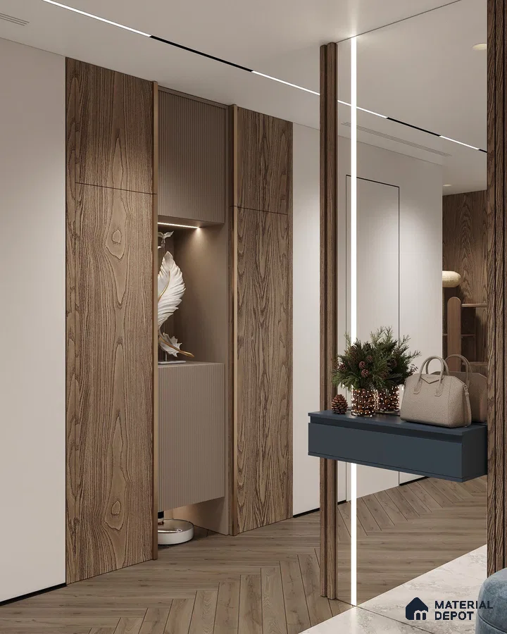 Modern Wardrobe with walnut wood laminate panels, chevron wooden flooring, and minimalist floating console | Material Depot