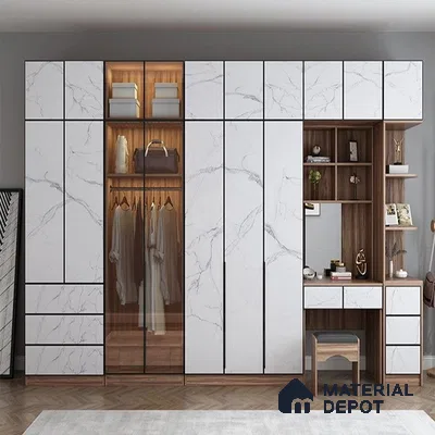 Modern wardrobe with white marble laminate shutters and walnut wood laminate open shelving | Material Depot