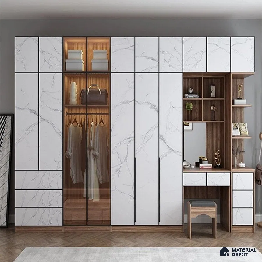 Modern wardrobe with white marble laminate shutters and walnut wood laminate open shelving | Material Depot