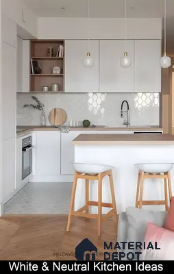 Modern White & Neutral Kitchen With Hex Tile Backsplash And Mixed Flooring | Material Depot
