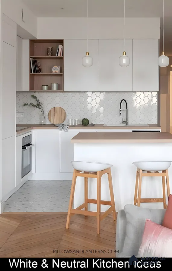 Modern White & Neutral Kitchen With Hex Tile Backsplash And Mixed Flooring | Material Depot