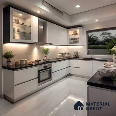 Modern White Acrylic Kitchen With Black Countertop And Glass Display Units | Material Depot