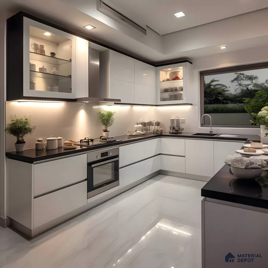Modern White Acrylic Kitchen With Black Countertop And Glass Display Units | Material Depot