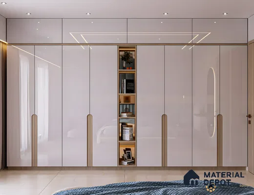 Modern White Wardrobe with Open Shelf and Gold Accents | Material Depot