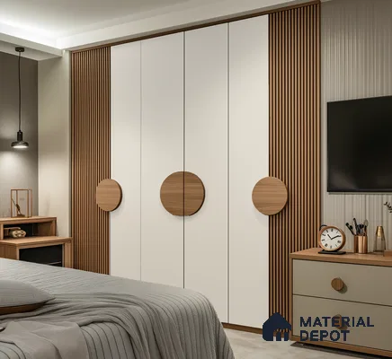 Modern White and Wood Laminate Wardrobe with Fluted Panels for Bedroom | Material Depot
