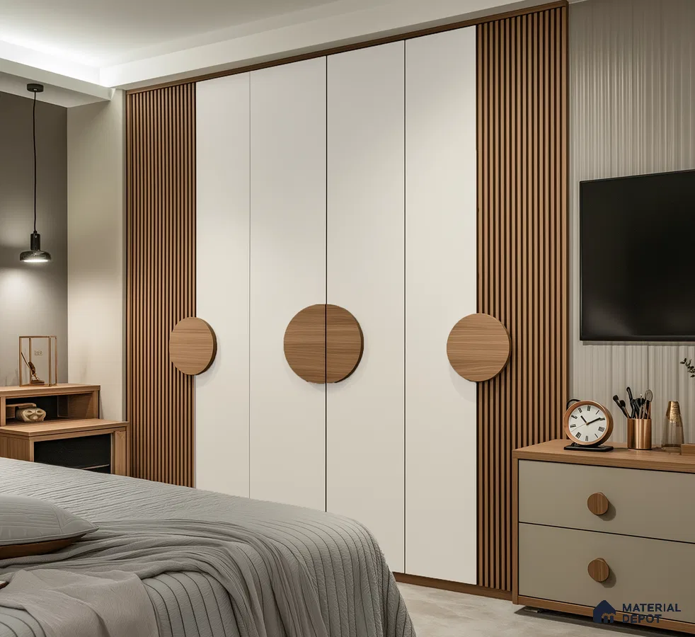Modern White and Wood Laminate Wardrobe with Fluted Panels for Bedroom | Material Depot