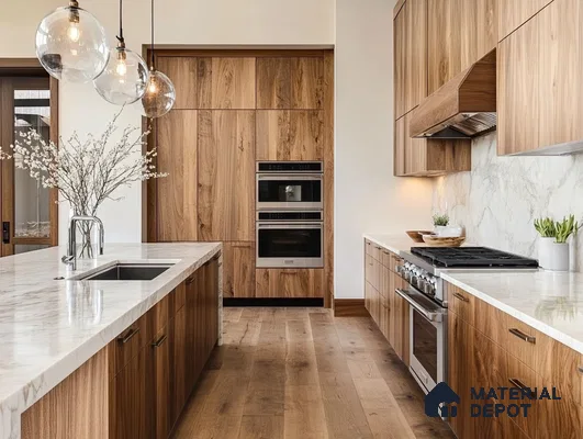 Modern Wooden Kitchen with Marble Accents and Glass Pendant Lights | Material Depot