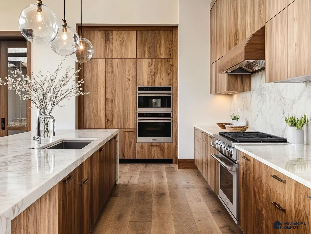 Modern Wooden Kitchen with Marble Accents and Glass Pendant Lights | Material Depot