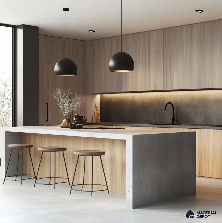 Modern Wooden Laminate Kitchen with Concrete Island and Black Accents | Material Depot