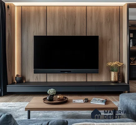 Modern Sliding Wooden Laminate Wardrobe with Mirror Panel for Elegant BedroomModern Wooden Laminate TV Unit with Ambient Lighting for Contemporary Living Room | Material Depot