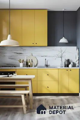 Modern Yellow And Grey Kitchen With Marble Accents | Material Depot