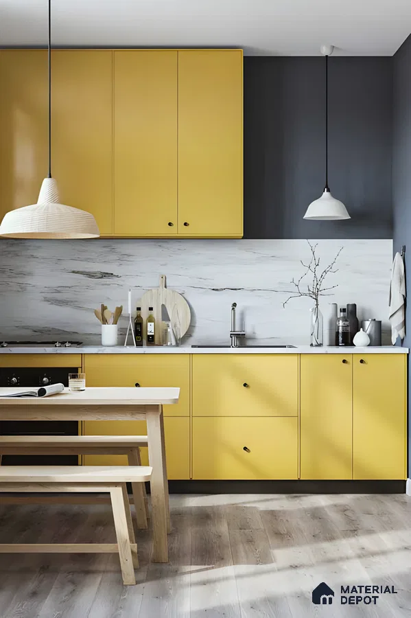 Modern Yellow And Grey Kitchen With Marble Accents | Material Depot