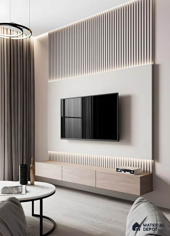 Sleek TV Unit design with Louvers Panelling | Material Depot