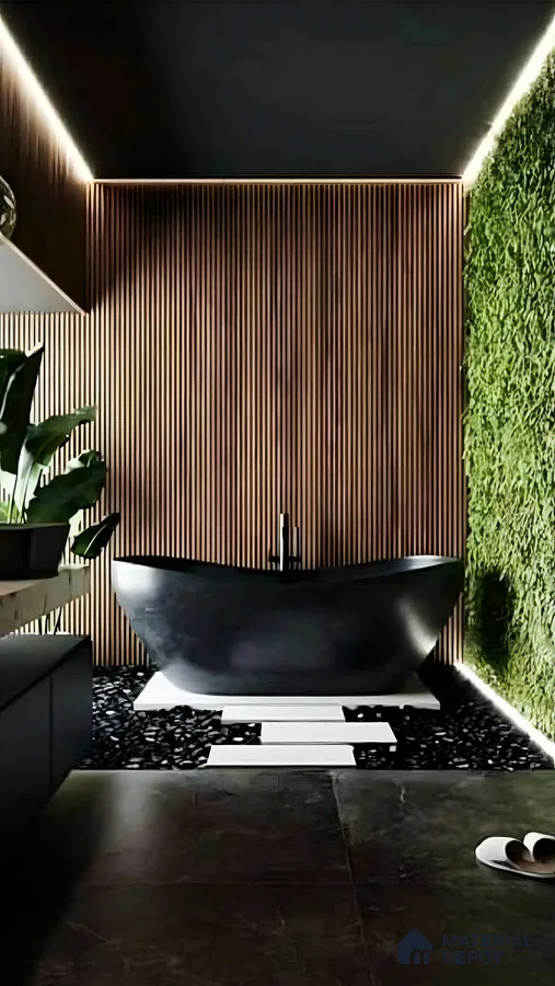 Modern Zen Barthroom With Black Freestanding Tub | Material Depot