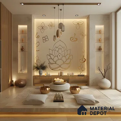 Modern Zen Pooja Room with Lotus Wall Art | Material Depot