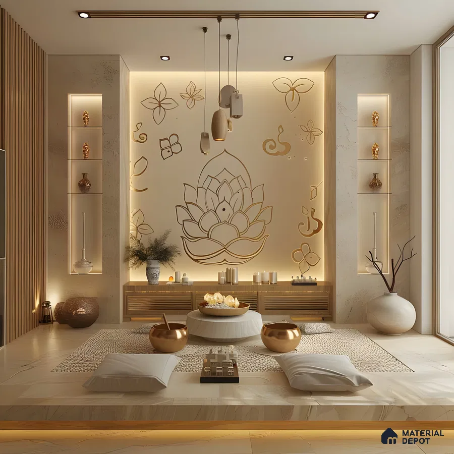 Modern Zen Pooja Room with Lotus Wall Art | Material Depot