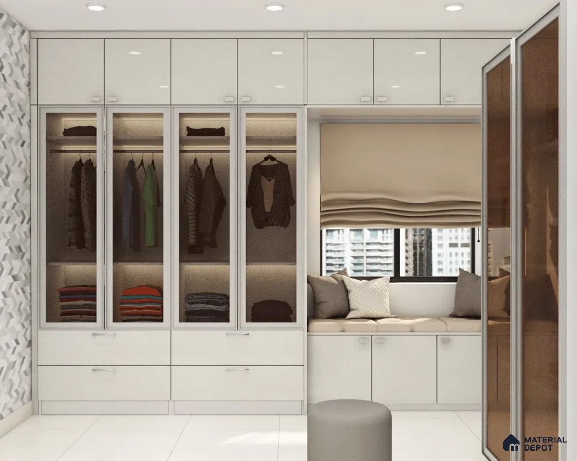 Stylish modern 4-door white wardrobe with brown accents and sitting area