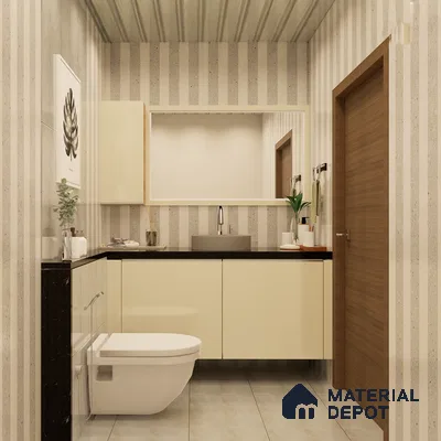 Bathroom with beige tile floor and cream laminate cabinet