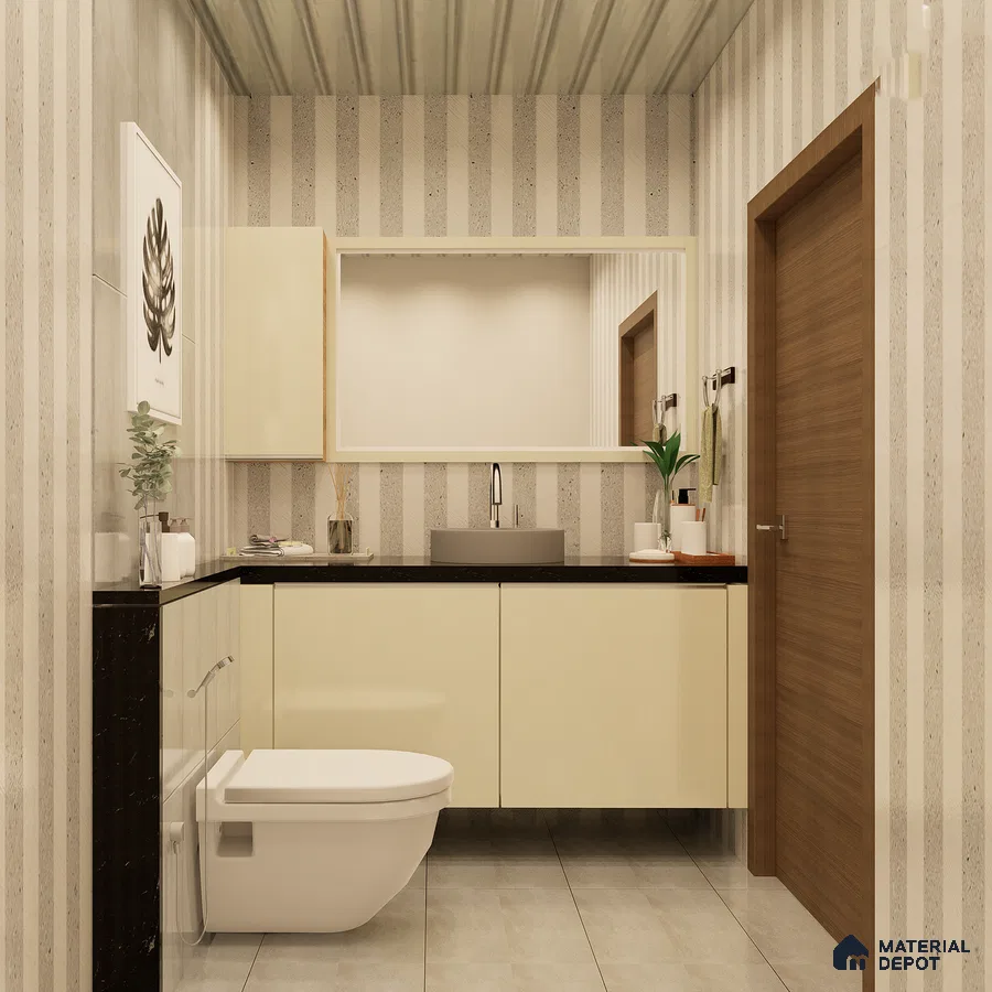 Bathroom with beige tile floor and cream laminate cabinet