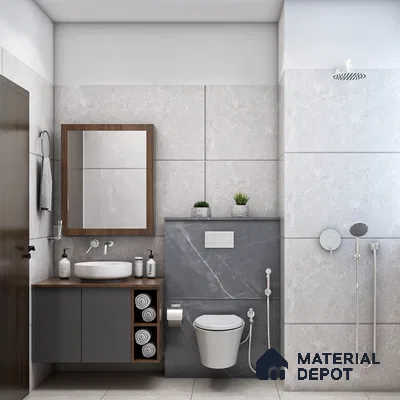 Bathroom with marble wall tiles and grey laminate cabinet