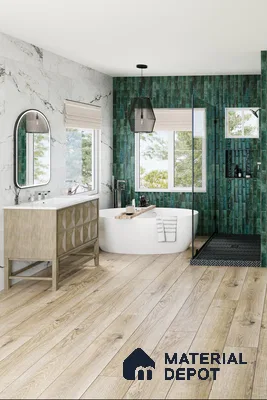 Bathroom with green wall tile and wooden floor
