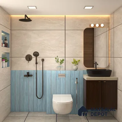 Elegant blue and beige modern bathroom