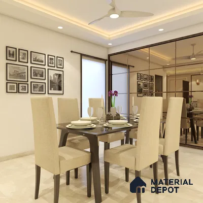 Dining area with mirror panels and beige tiles